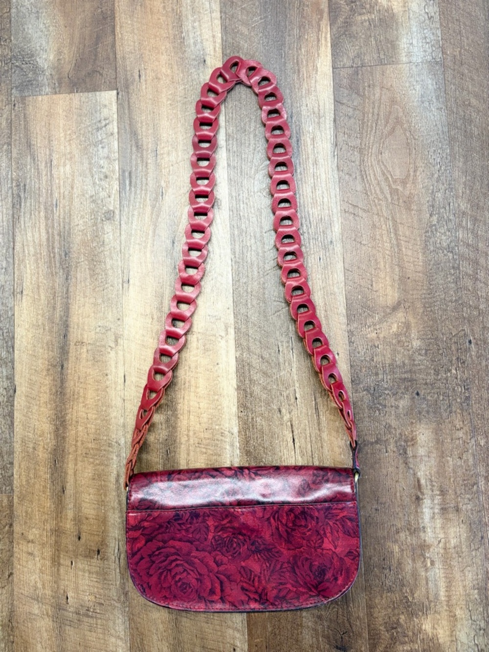 Patricia Nash Red Floral Leather Crossbody Bag with Chain-Link Strap